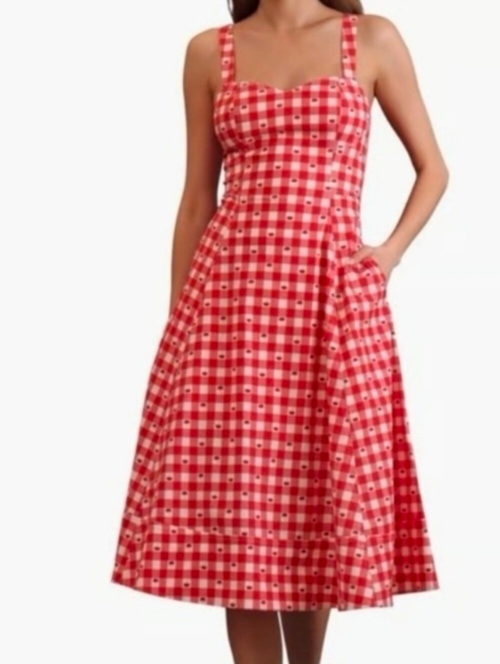 Avec Les Filles Cherry Red Gingham Checkered Midi Dress- Size 12
